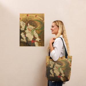 Fujin Raijin Japanese Art Tote Bag – Stylish 15″ Polyester Canvas with Cotton Handles